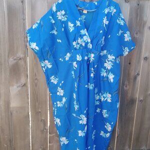 Vintage hawaiian kaftan blue maxi hostess dress Tiki Aloha floral one size